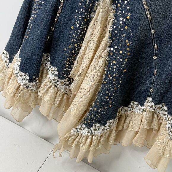 VTG Y2K Boho Fairycore Denim Ruffle Skirt Asymmetrical Lace Beaded Sz S Festival - Picture 3 of 14